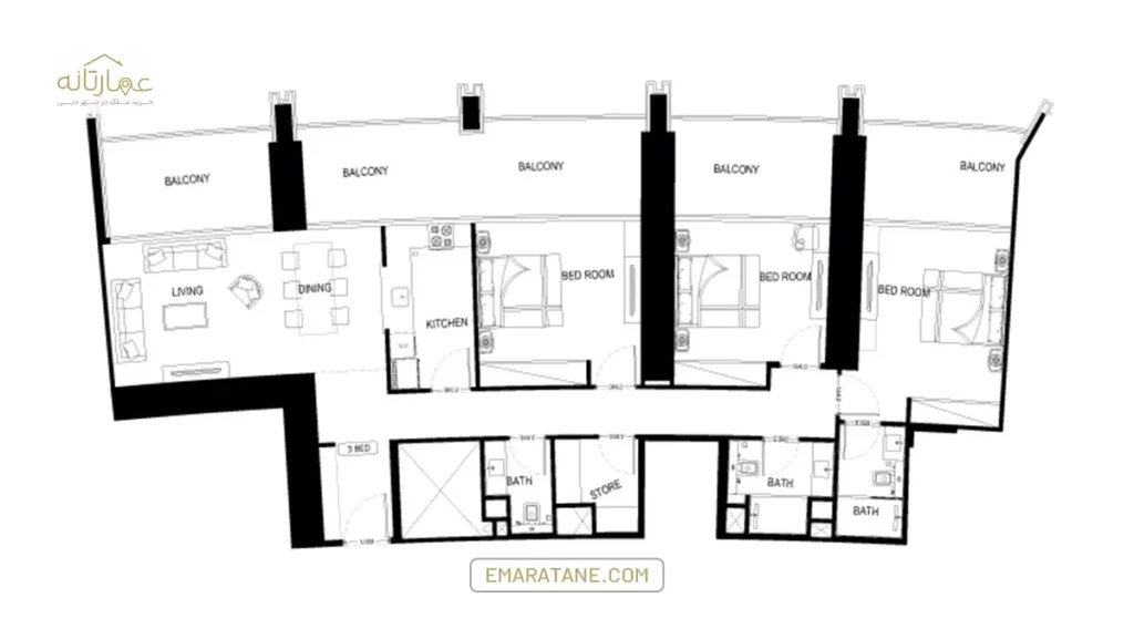 پلان واحد 3 خوابه Binghatti Skyrise